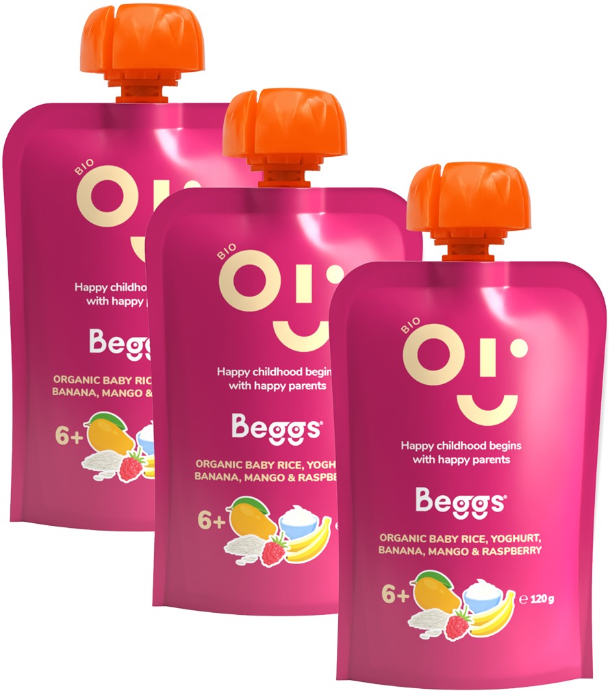 Beggs BIO Detská ryža s jogurtom, banánom, mangom a malinami 3× 120 g