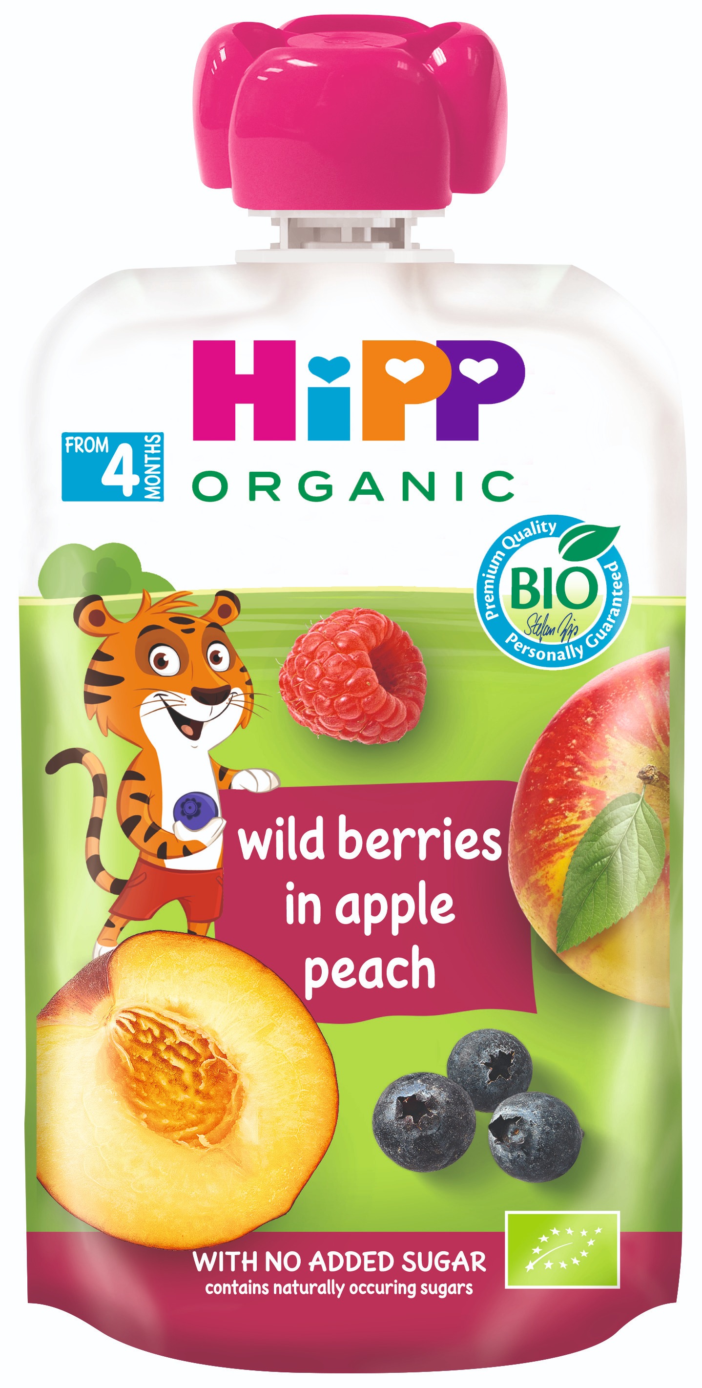 HiPP BIO 100 % ovocie Jablko-Broskyňa-Lesné ovocie od uk. 4. mesiaca, 100 g
