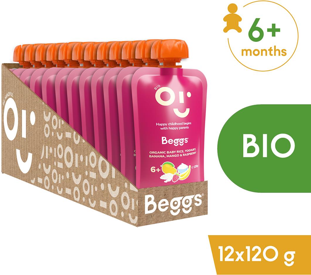 Beggs BIO Detská ryža s jogurtom, banánom, mangom a malinami 12× 120 g