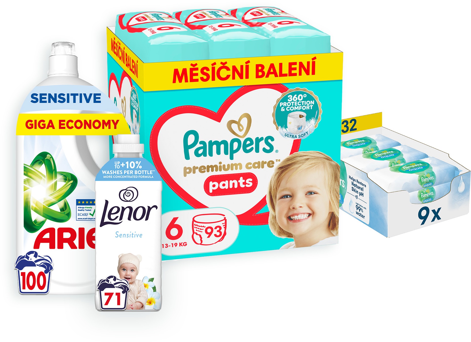 PAMPERS balíček VI. (plienkové nohavičky veľ. 6 – 93 ks, vlhčené obrúsky, prací gél a aviváž)