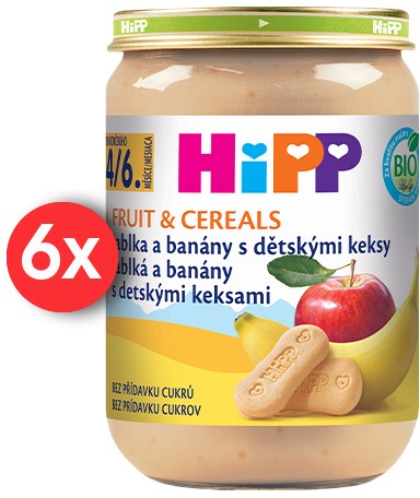 HiPP BIO Jablká a banány s detskými keksami od uk. 4. – 6. mesiaca, 6× 190 g