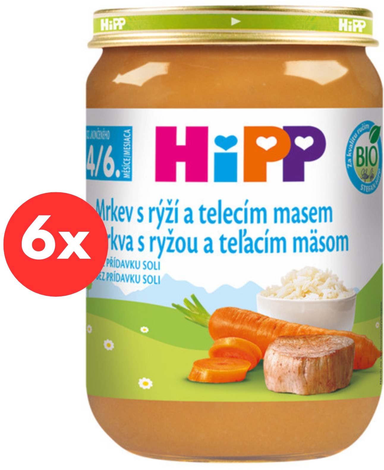 HiPP BIO Mrkva s ryžou a teľacím mäsom od uk. 4. – 6. mesiaca, 6× 190 g