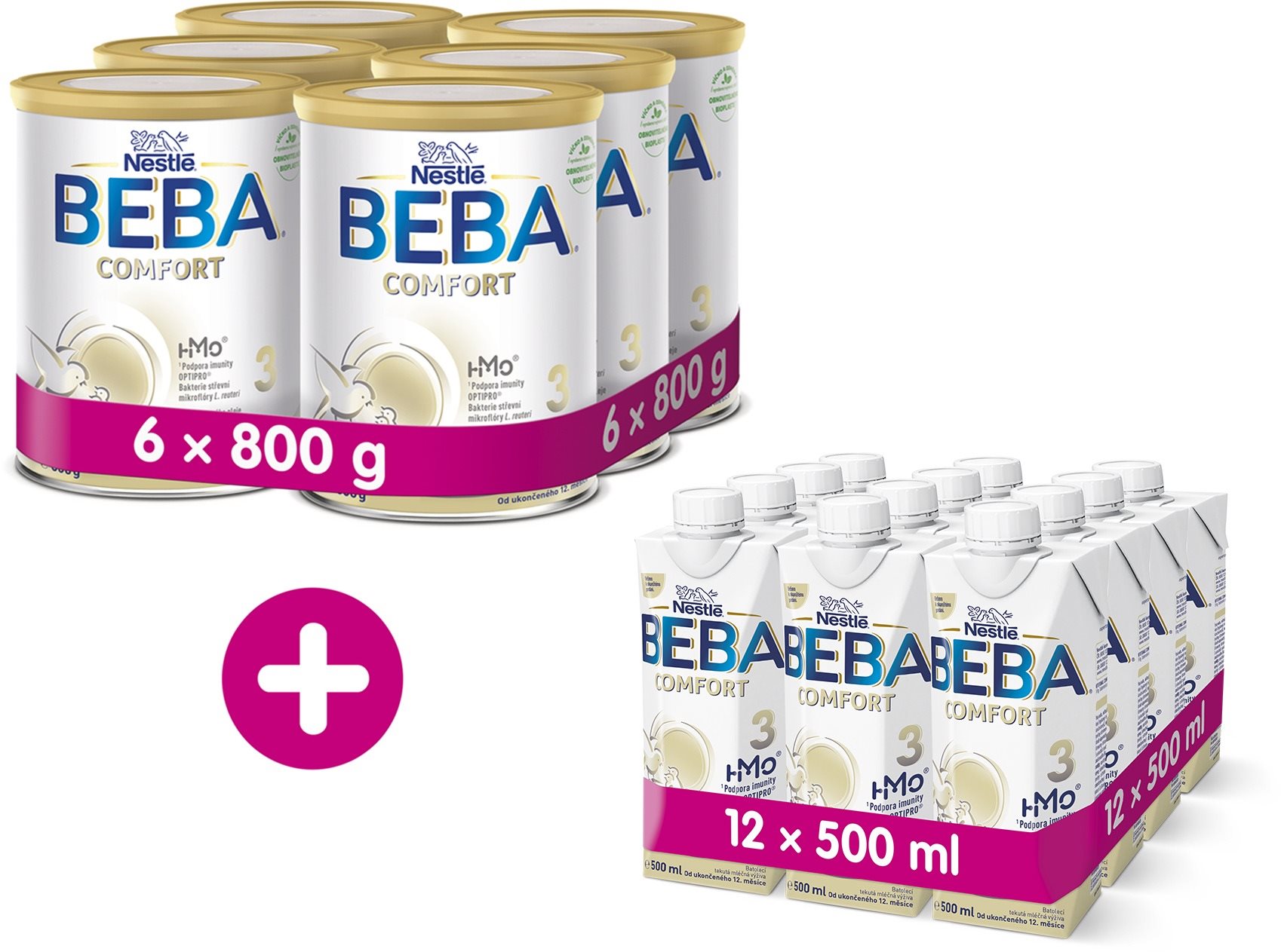 BEBA COMFORT 3 HM-O (6× 800 g) + BEBA COMFORT 3 HM-O Liquid 12× 500 ml