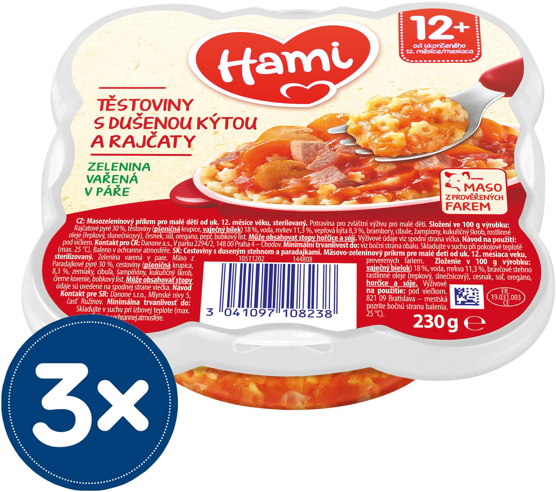 Hami mäsovo-zeleninový tanierik Cestoviny s duseným stehnom a paradajkami 3× 230 g