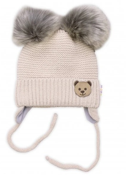 Baby Nellys Detská sada, zimná čiapka so šálom + rukavičky 3D, Teddy Bear – béžová