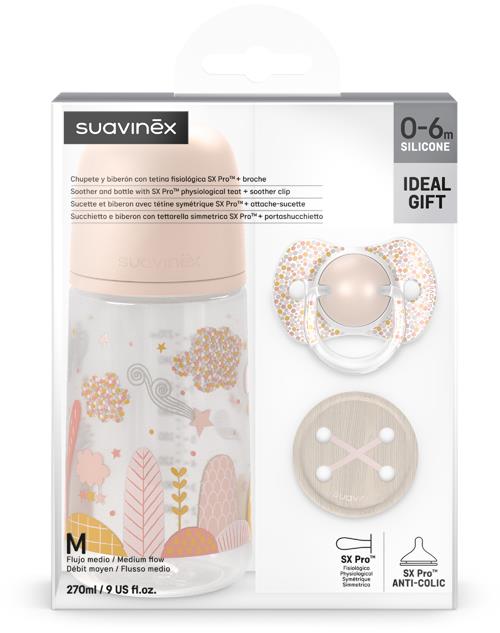 Suavinex Sada fľaša 270 ml + cumlík fyziologický 0 – 6m + klips Dreams ružová