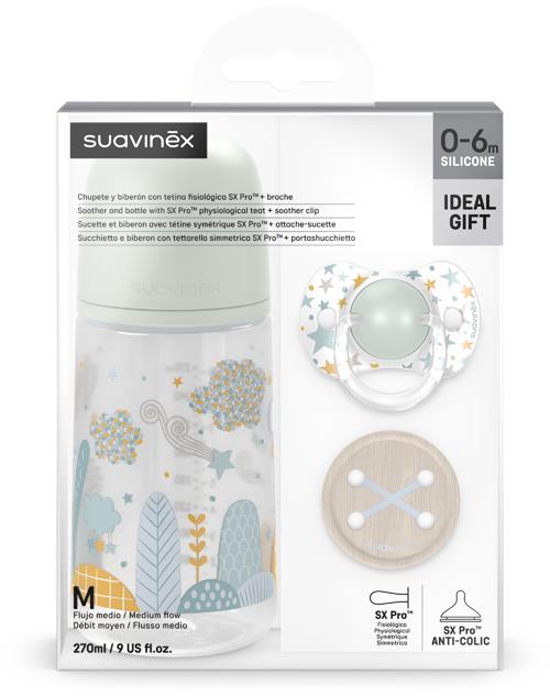 Suavinex Sada fľaša 270 ml + cumlík fyziologický 0 – 6m + klips Dreams zelená