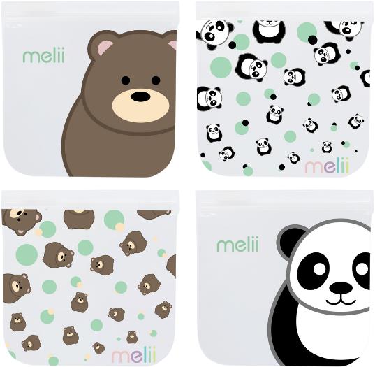 Melii Opakovateľne použiteľné vrecká na desiatu 4 ks Panda a Medveď