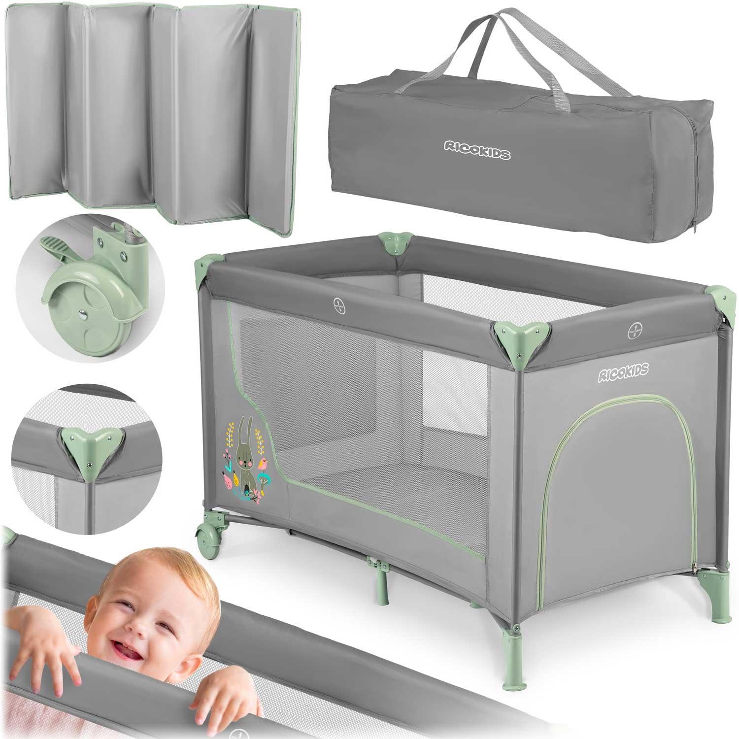 Ricokids Cestovná postieľka RK-240, 125 x 65 x 78 cm, mätovo sivá