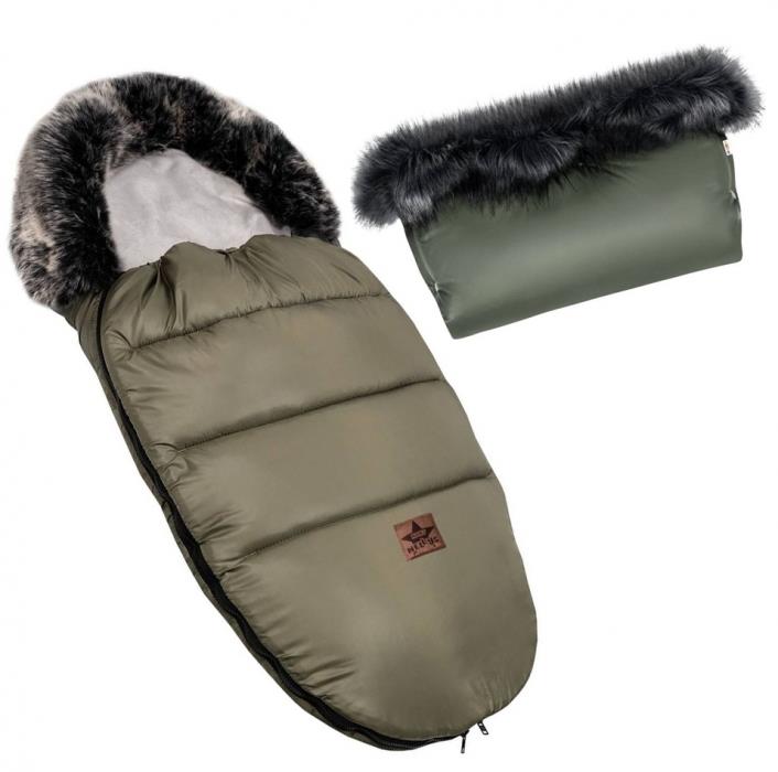 Baby Nellys Zimní fusak FLUFFY s kožušinou + rukávnik zadarmo, 50 × 100 cm, olivový