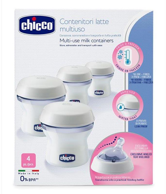 CHICCO zásobníky viacúčelové na materské mlieko s fľašovou násadkou Natural Feeling, 4 ks