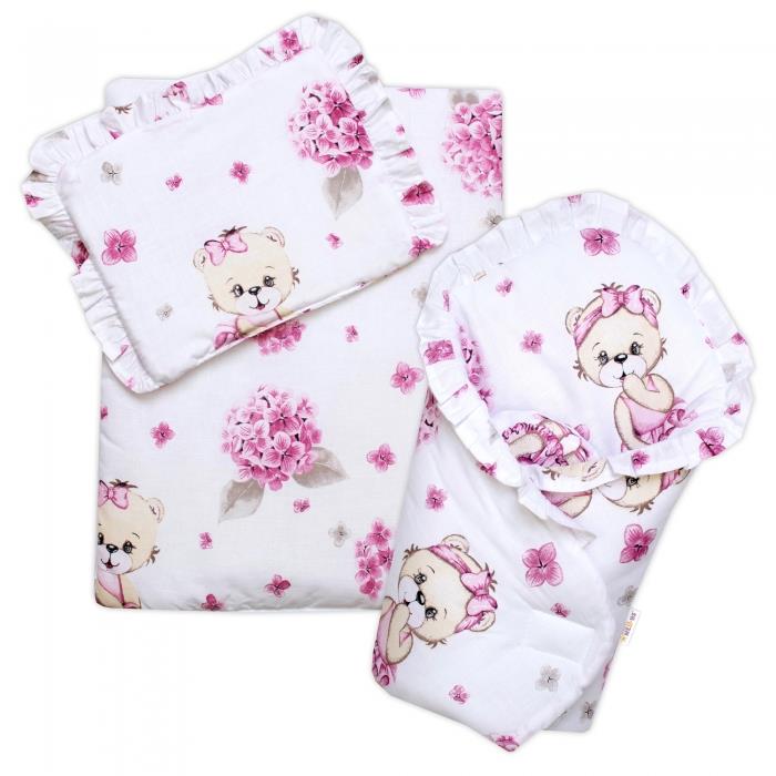 Baby Nellys Sada pre bábiku 3D – zavinovačka, perinka a vankúšik, Míša Baletka, ružová