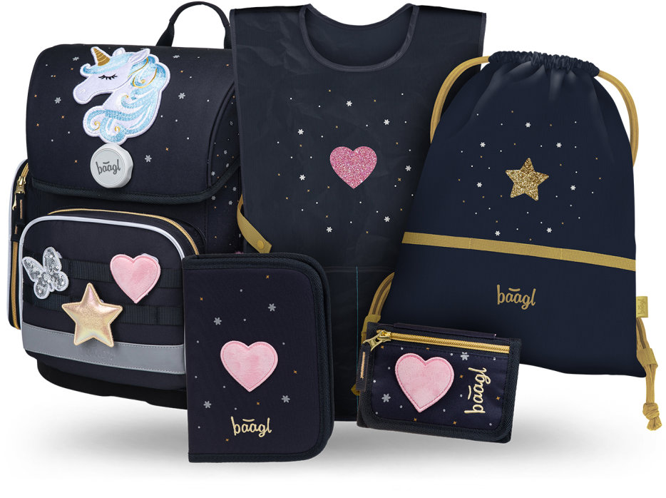 BAAGL SADA 5 Ergo Unicorn Gold: aktovka, peračník, vrecko, zástera, peňaženka