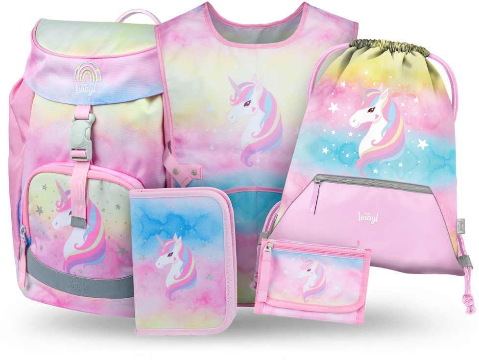 BAAGL SADA 5 Airy Rainbow Unicorn: batoh, peračník, vrecko, zástera, peňaženka