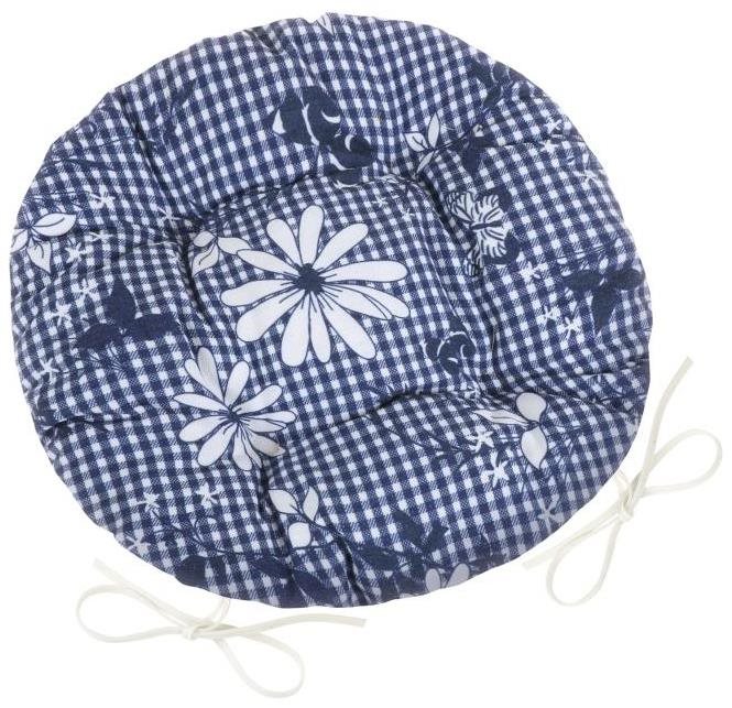 BELLATEX Sedák DITA 62/410 – okrúhly, prešívaný, priem. 40 cm, modrá kocka s kvetom