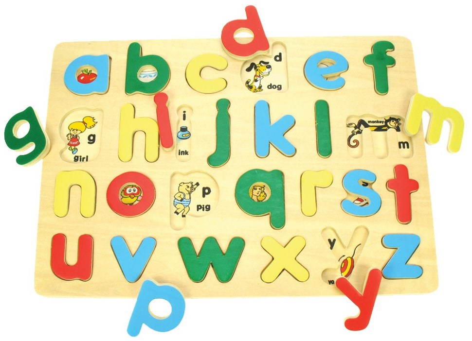 Drevené vkladacie puzzle – Anglická malá abeceda s obrázkami