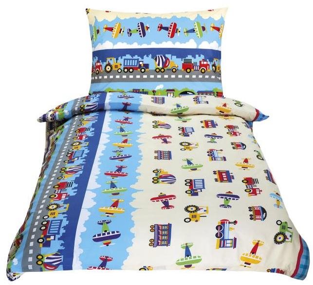 Bellatex Bavlnené Junior – 140 × 200, 70 × 90 cm – lietadlá a autá, modré