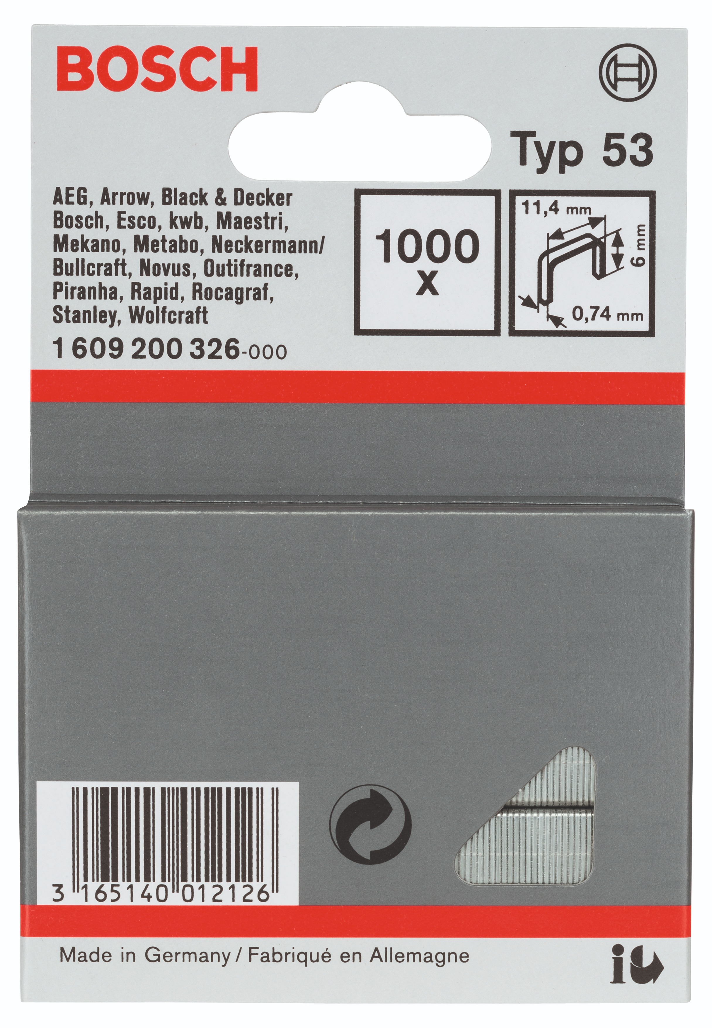 Bosch Sponky do sponkovačky z tenkého drôtu, typ 53 11,4 × 0,74 × 6 mm 1.609.200.326