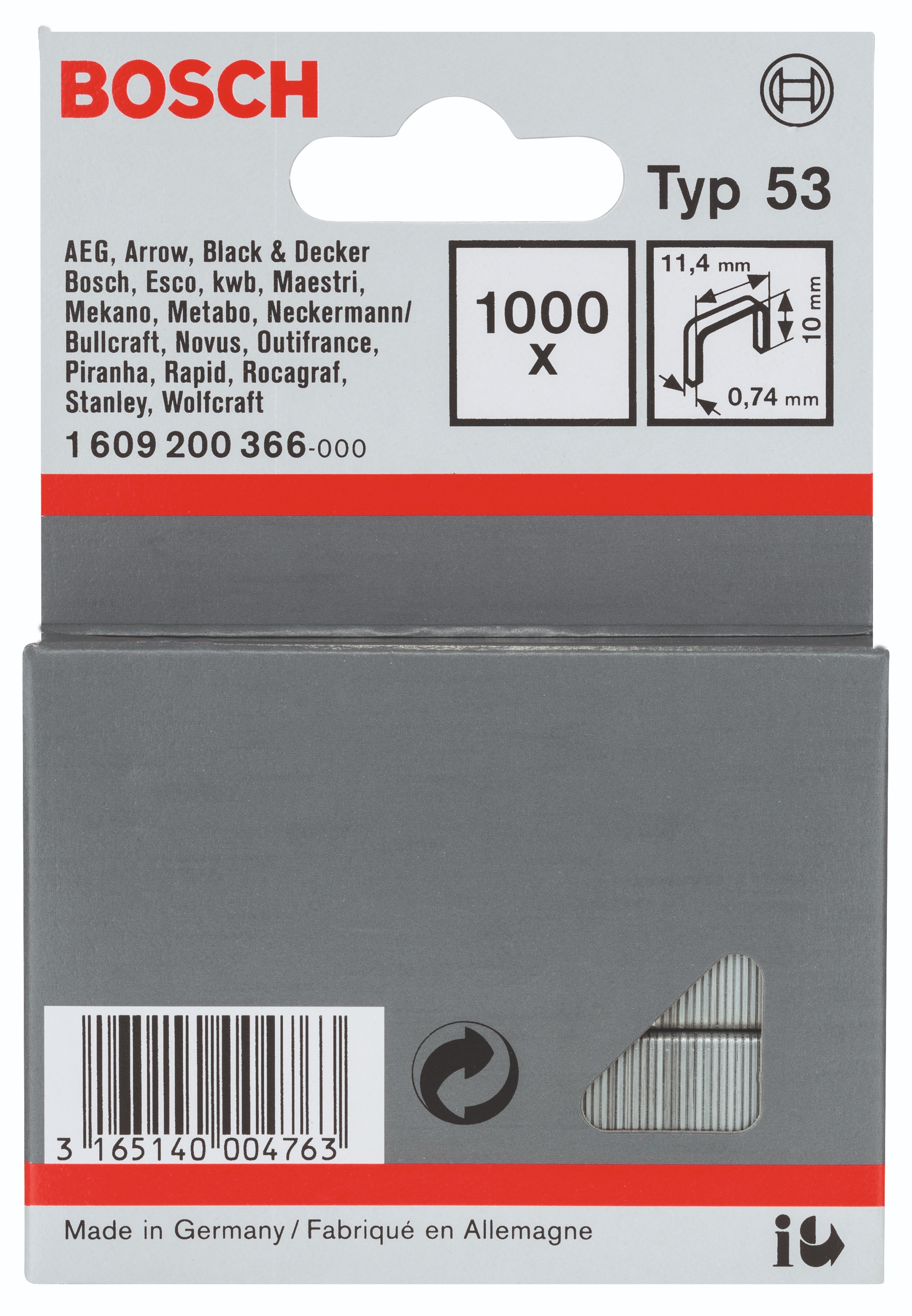 Bosch Sponky do sponkovačky z tenkého drôtu, typ 53 11,4 × 0,74 × 10 mm 1.609.200.366