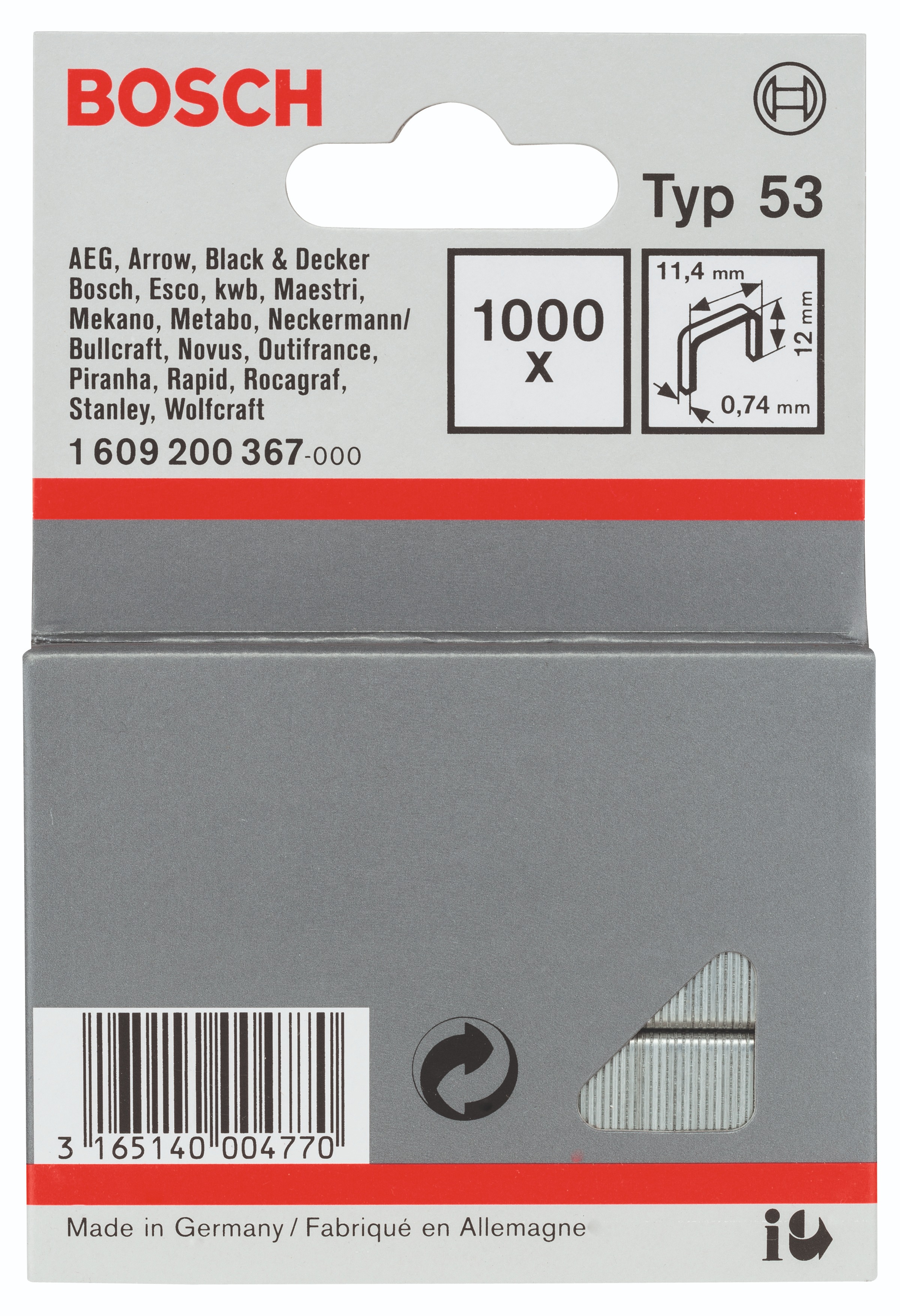 Bosch Sponky do sponkovačky z tenkého drôtu, typ 53 11,4 × 0,74 × 12 mm 1.609.200.367
