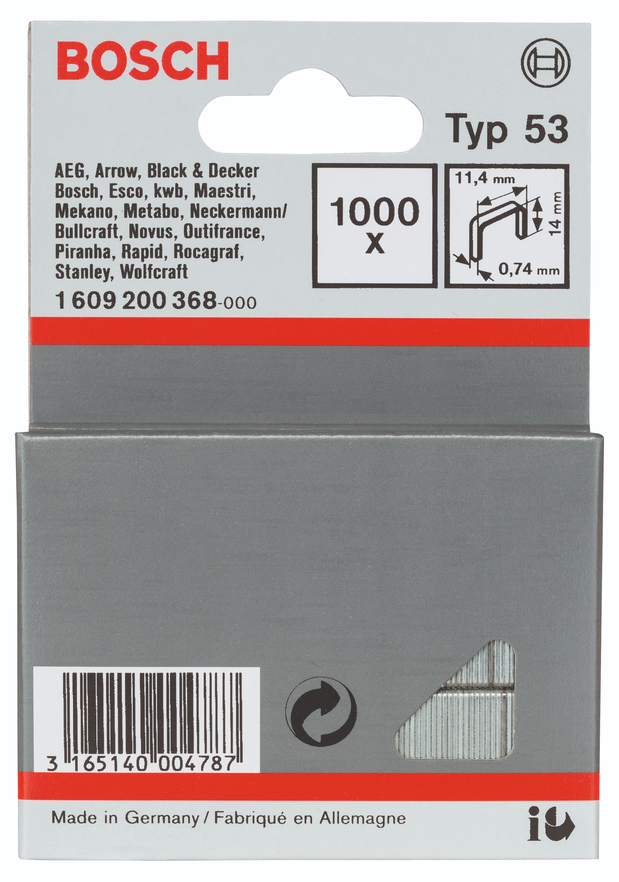 Bosch Sponky do sponkovačky z tenkého drôtu, typ 53 11,4 × 0,74 × 14 mm 1.609.200.368