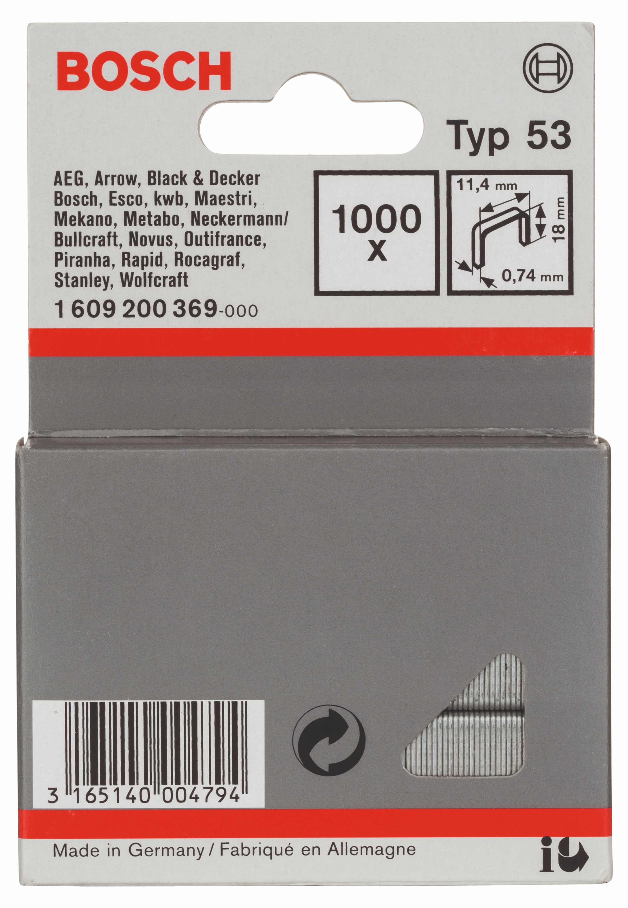 Bosch Sponky do sponkovačky z tenkého drôtu, typ 53 11,4 × 0,74 × 18 mm 1.609.200.369