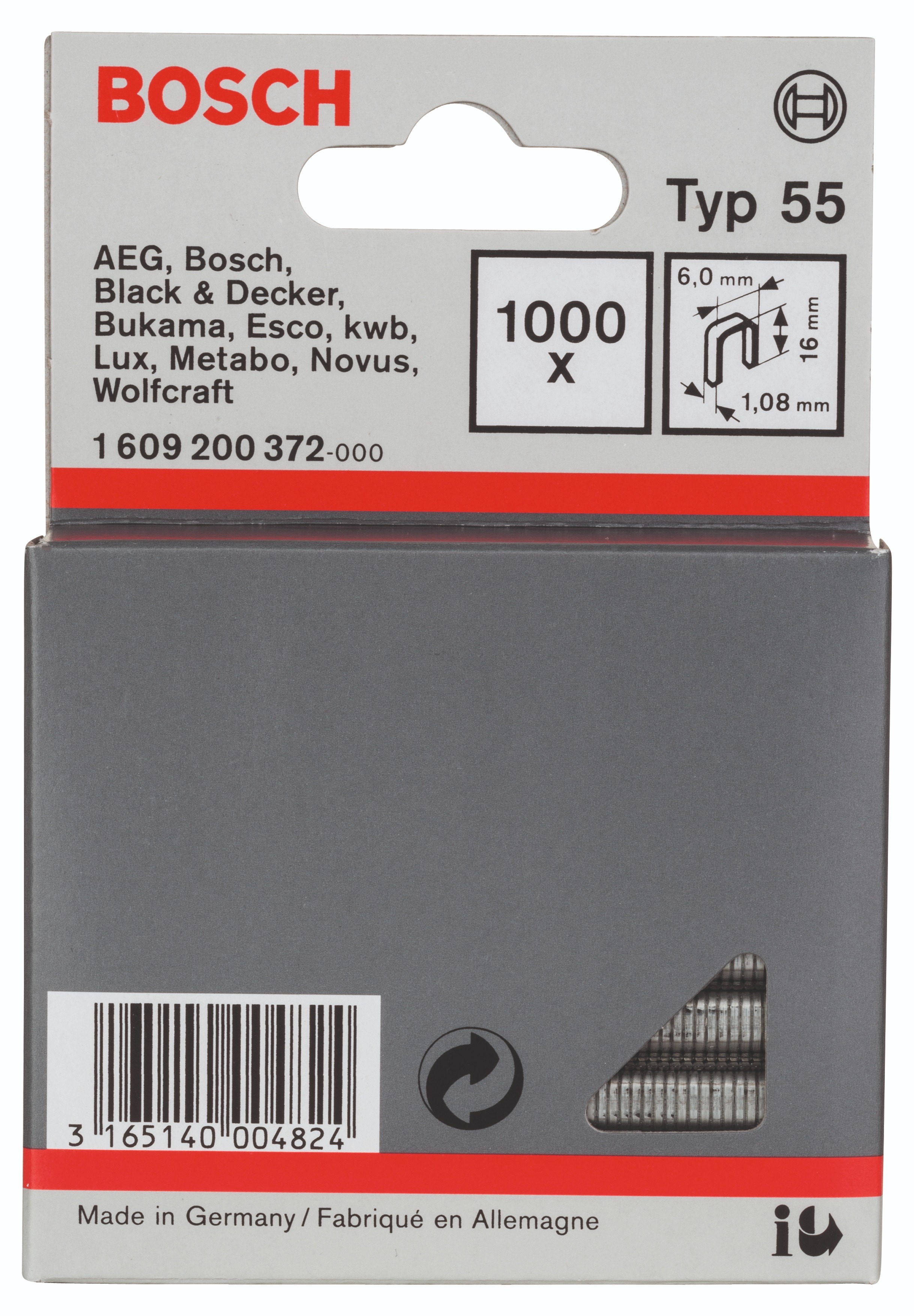 Bosch Úzke sponky do sponkovačky, typ 55 6 × 1,08 × 16 mm 1.609.200.372