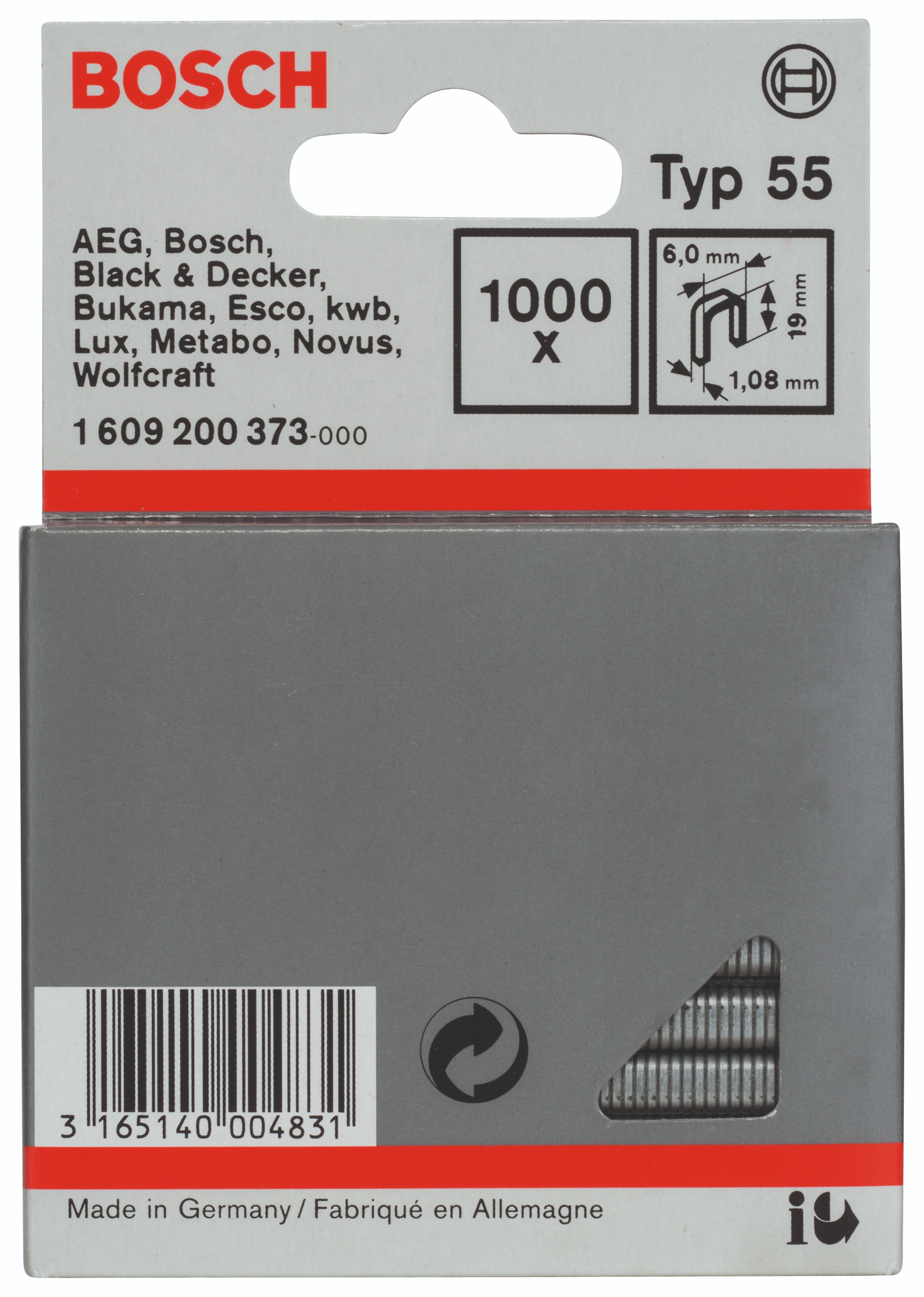 Bosch Úzke sponky do sponkovačky, typ 55 6 × 1,08 × 19 mm 1.609.200.373