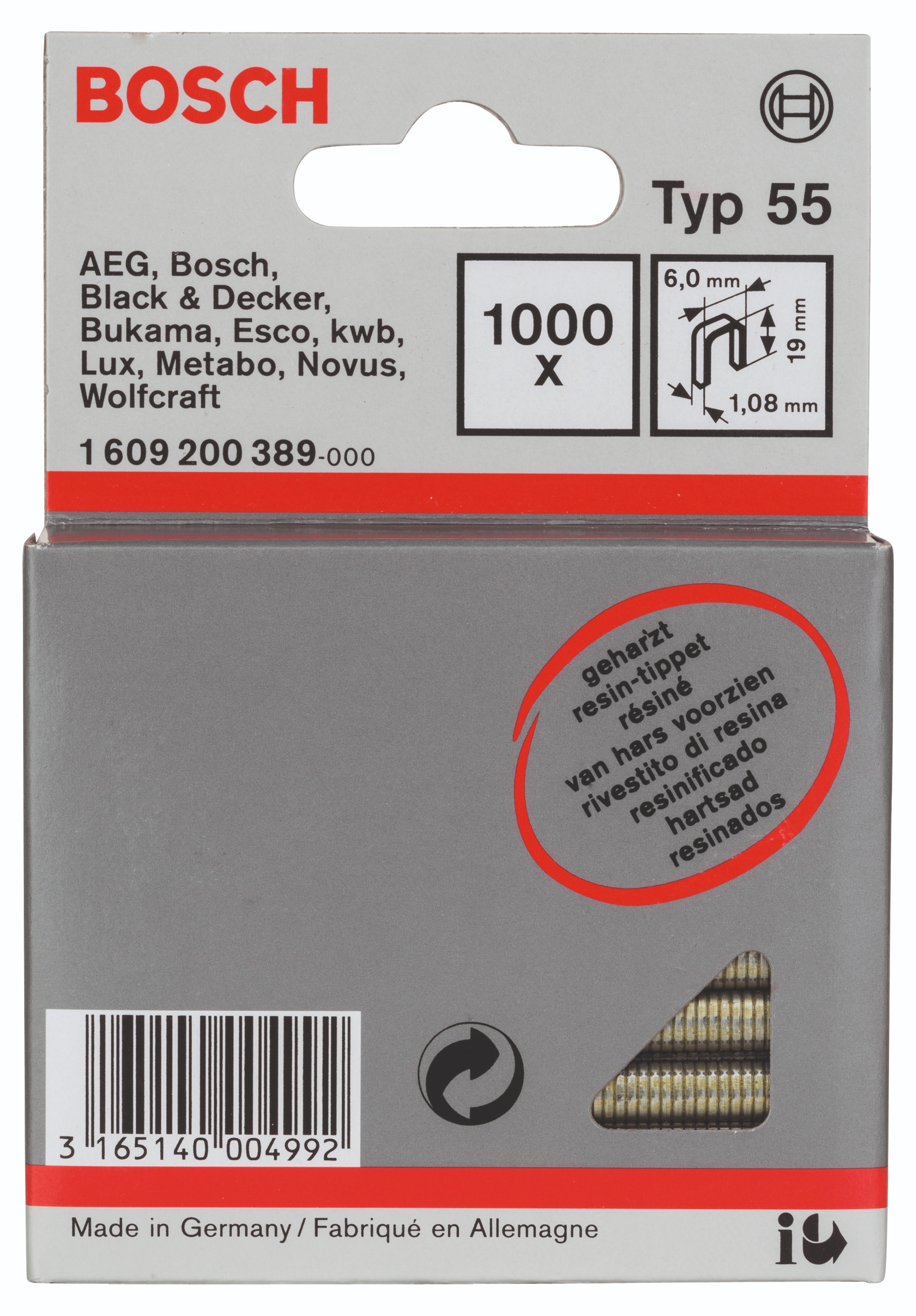 BOSCH Úzke sponky do sponkovačky, typ 55, laminované 6 × 1,08 × 19 mm 1.609.200.389