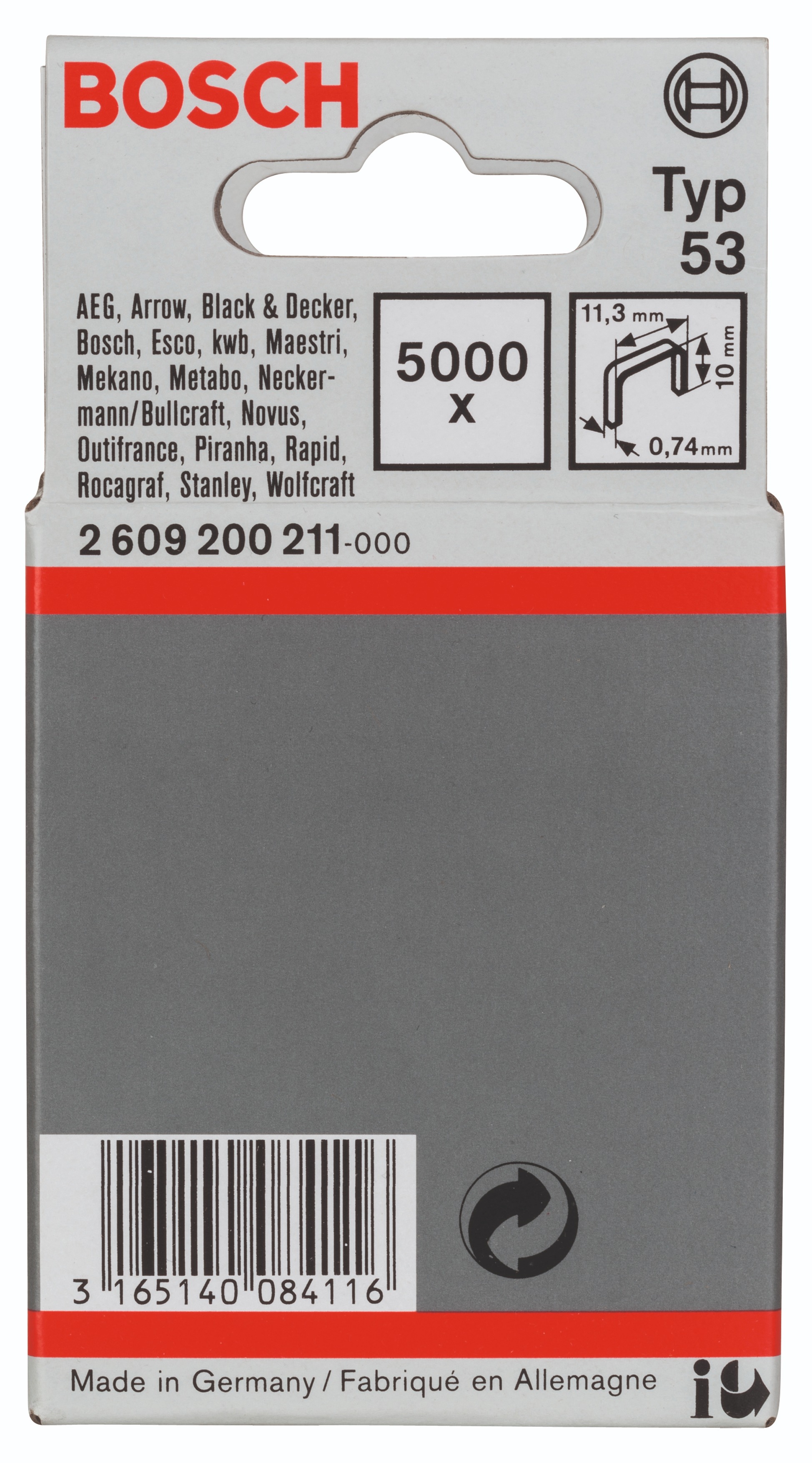 Bosch Sponky do sponkovačky z tenkého drôtu, typ 53 11,4 × 0,74 × 10 mm 2.609.200.211