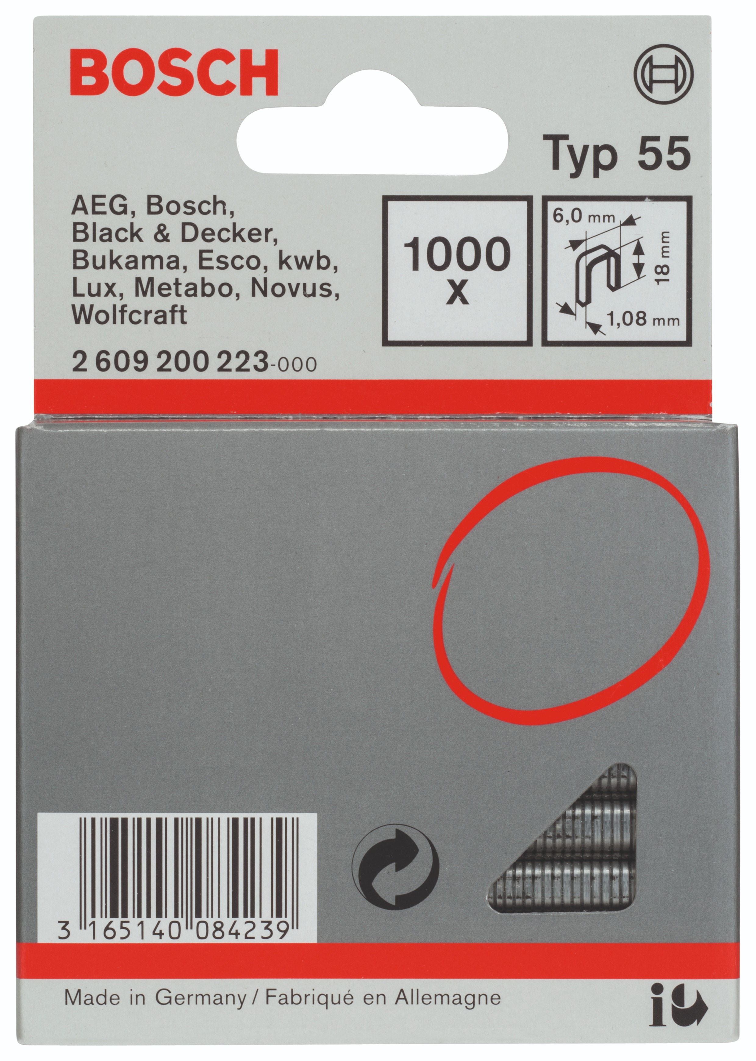 Bosch Úzke sponky do sponkovačky, typ 55 6 × 1,08 × 18 mm 2.609.200.223
