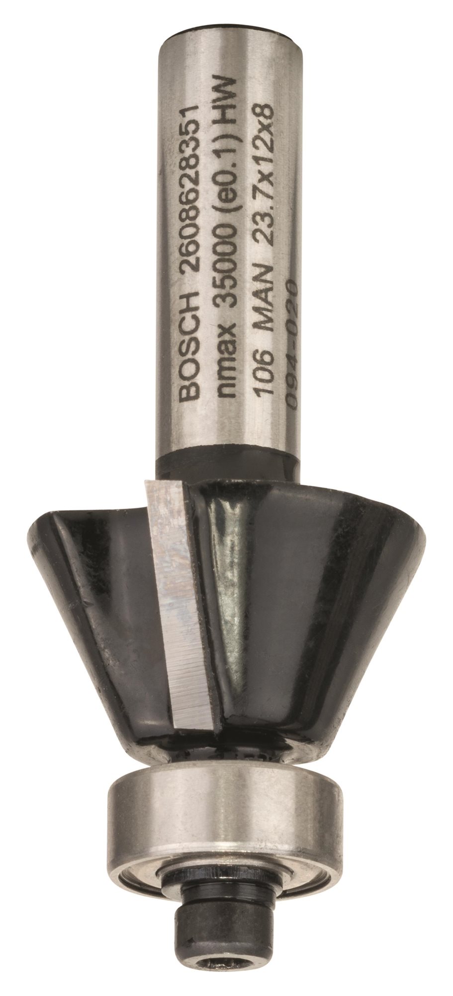 BOSCH Fazetovacia zarovnávacia fréza, 8 mm, D1 23,7 mm, B 5,5 mm, L 12 mm, G 54 mm, 25° 2.608.628.351