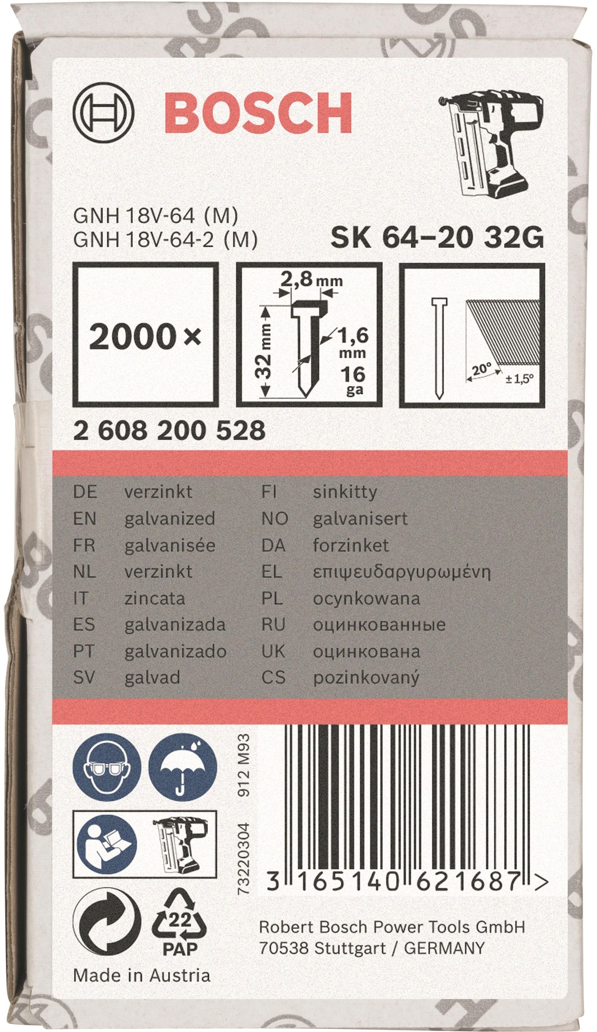 BOSCH Klince so zápustnou hlavou SK64 20G 32 mm, pozinkovaný 2.608.200.528