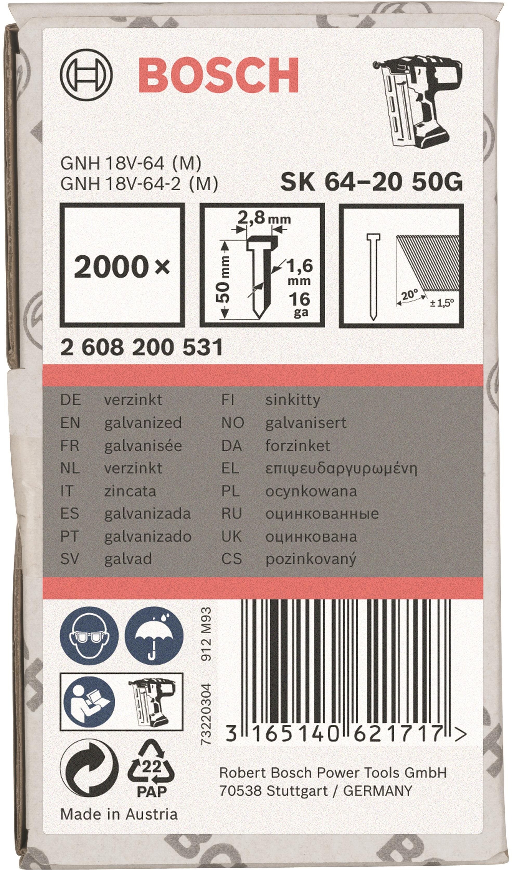 BOSCH Klince so zápustnou hlavou SK64 20G 50 mm, pozinkovaný 2.608.200.531