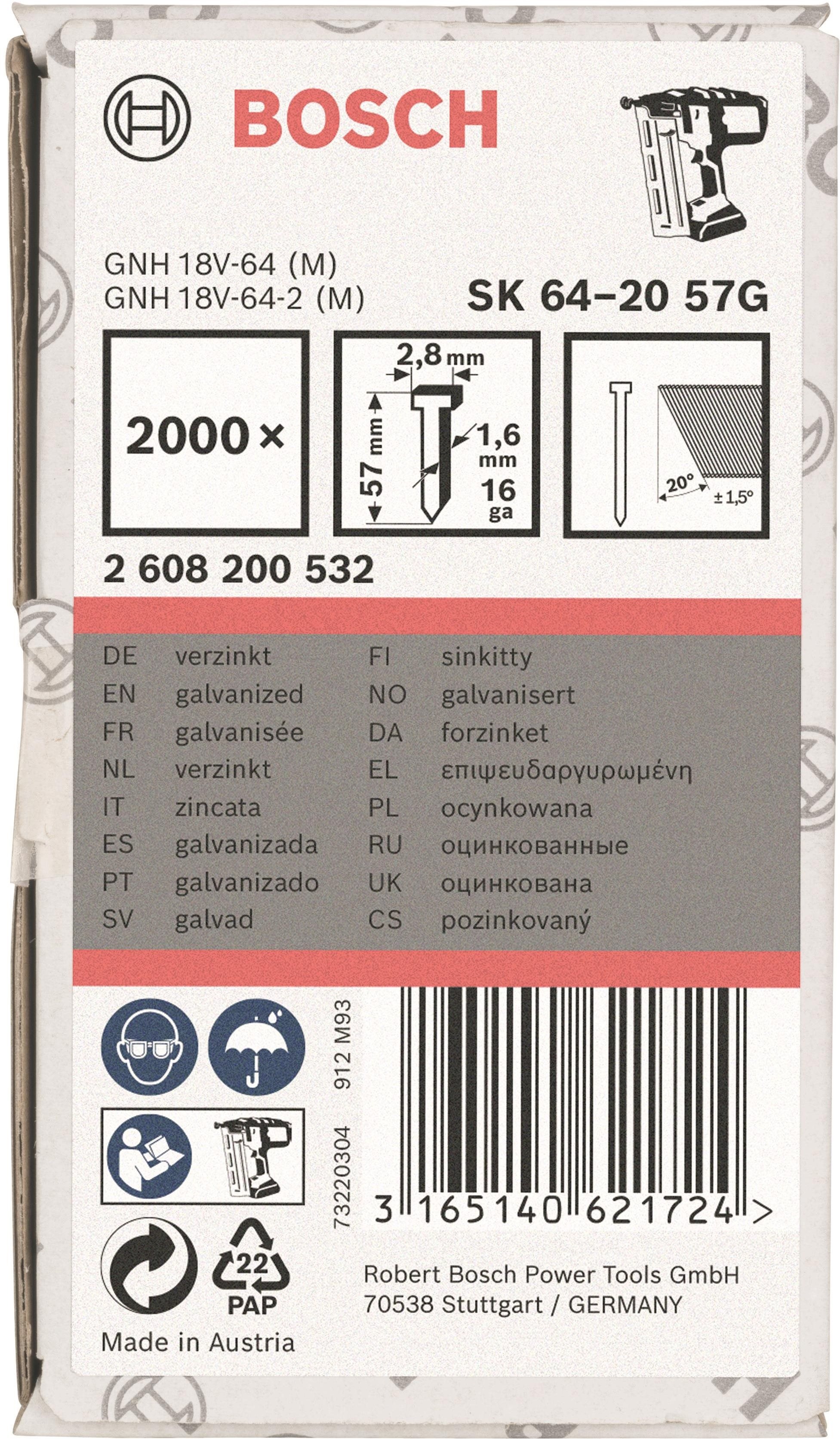 BOSCH Klince so zápustnou hlavou SK64 20G 57 mm, pozinkovaný 2.608.200.532