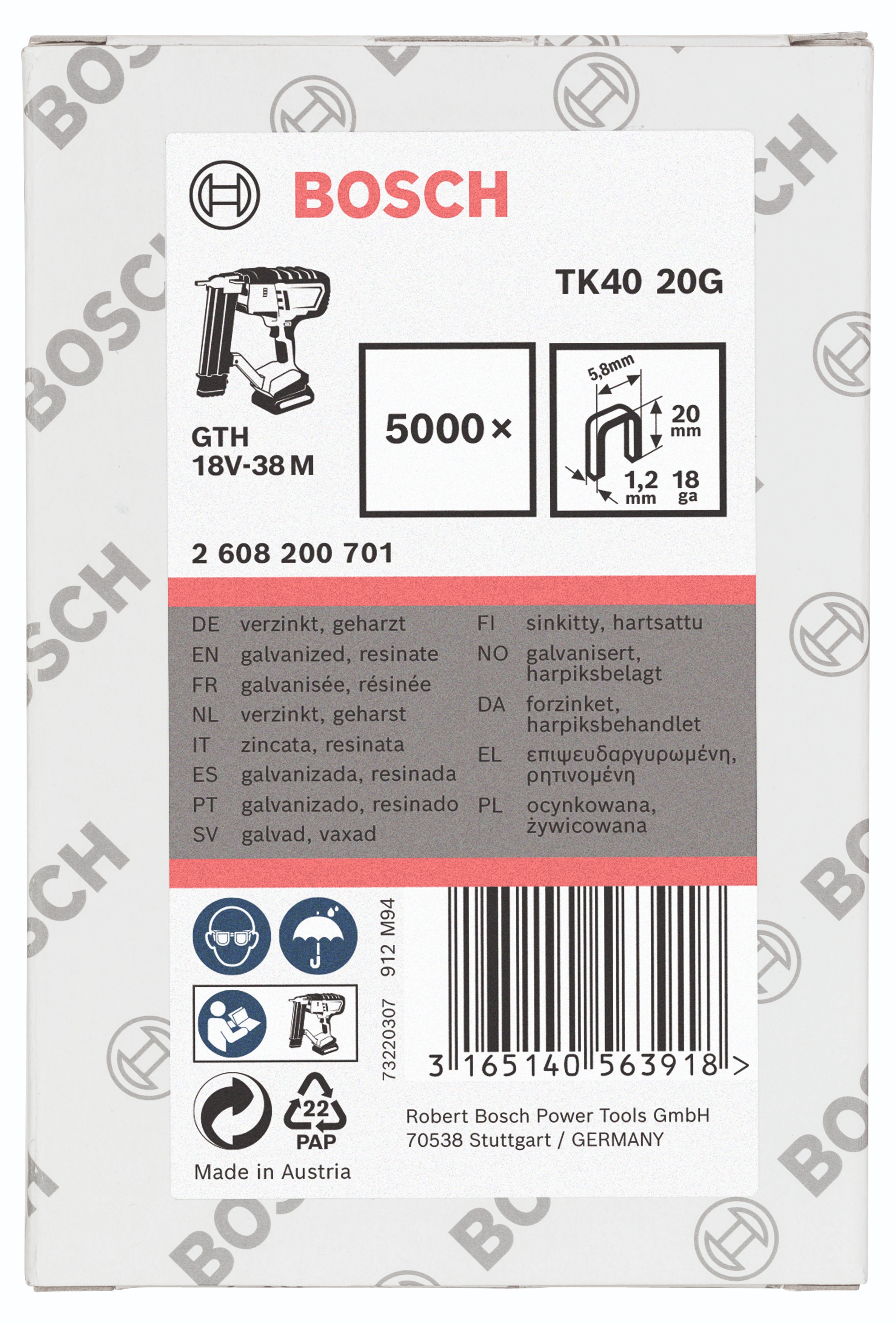 BOSCH Sponky TK40 20G 1,2 mm, 20 mm, pozinkované 2.608.200.701
