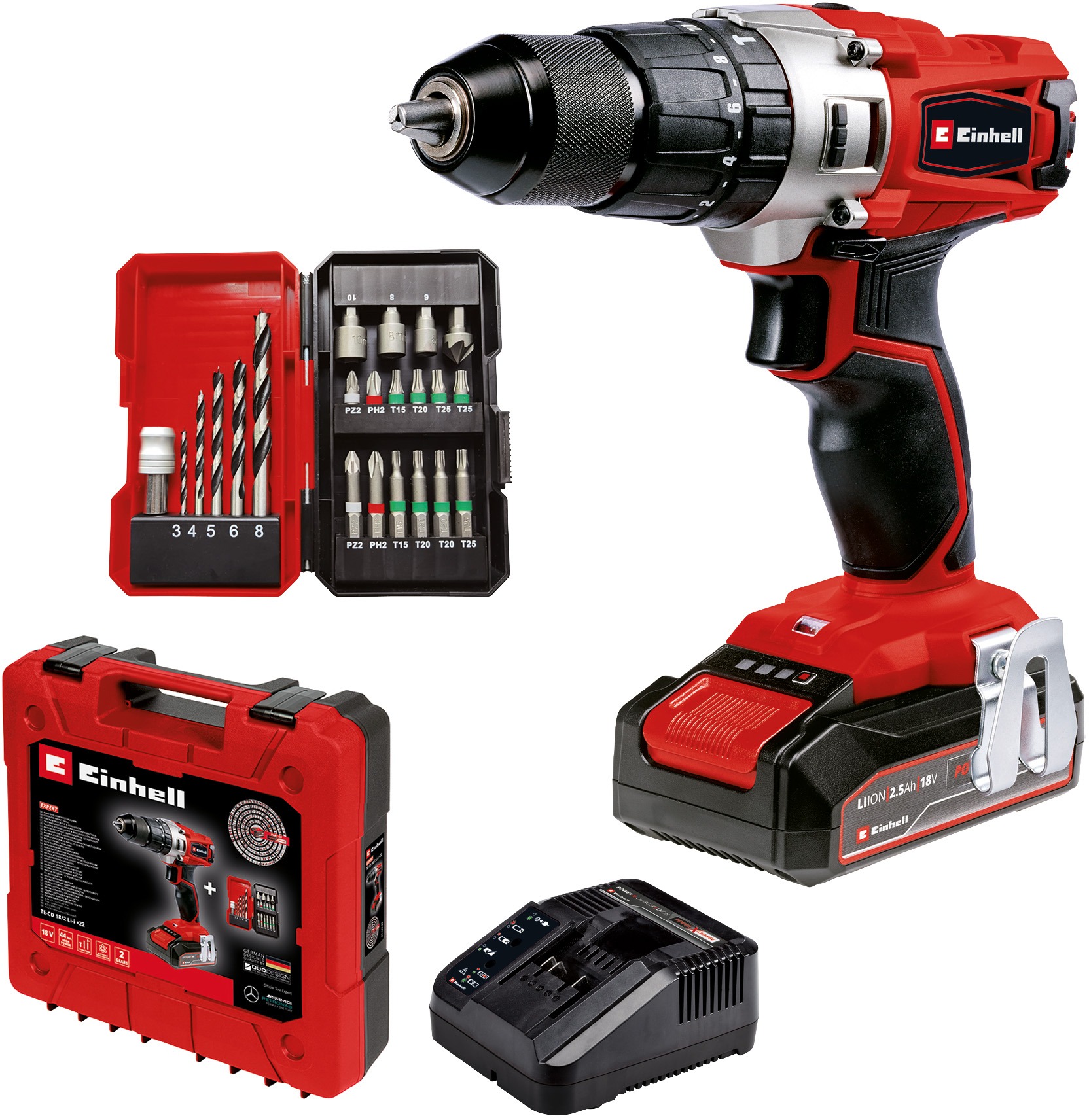 EINHELL Skrutkovač AKU s príklepom + vrtáky, bity TE-CD 45706 Li-i, 4514220 (1× 2,5 Ah)