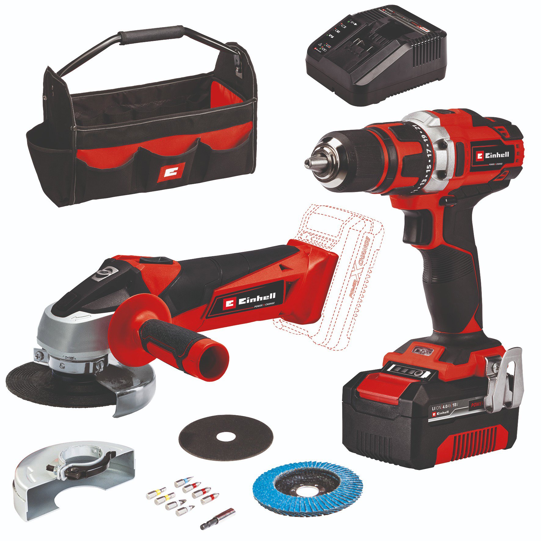 EINHELL súprava vŕtačky + uhlovej brúsky AKU TE-TK 18/2 Li Kit CD + AG, 4257240 (1× 4 Ah)