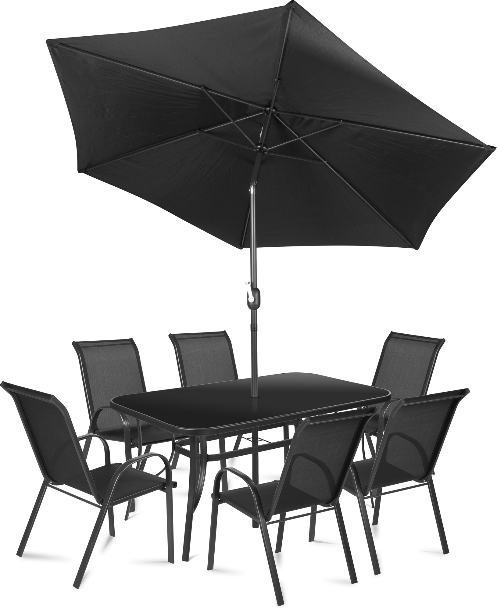 FIELDMANN Set záhradného nábytku Comfort Steel Black 6 + 1 so slnečníkom