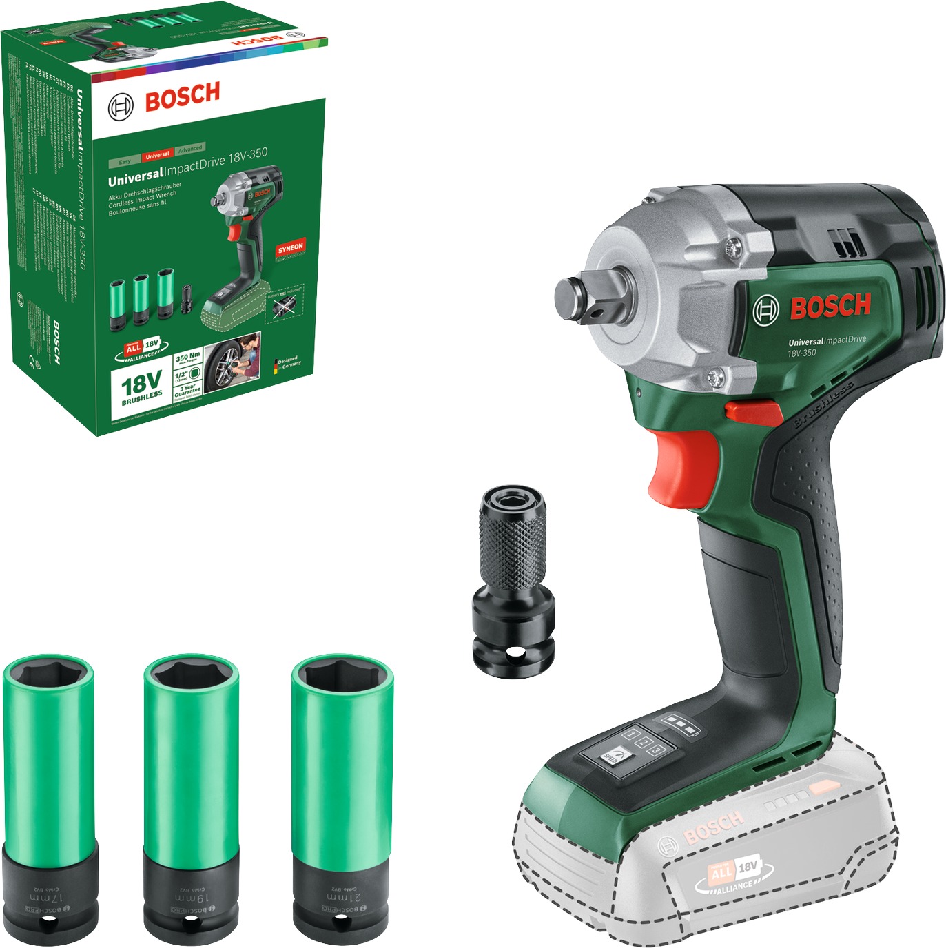 BOSCH Rázový uťahovák AKU s príslušenstvom UniversalImpactDrive 18V-350, 0.603.980.305 (bez AKU)