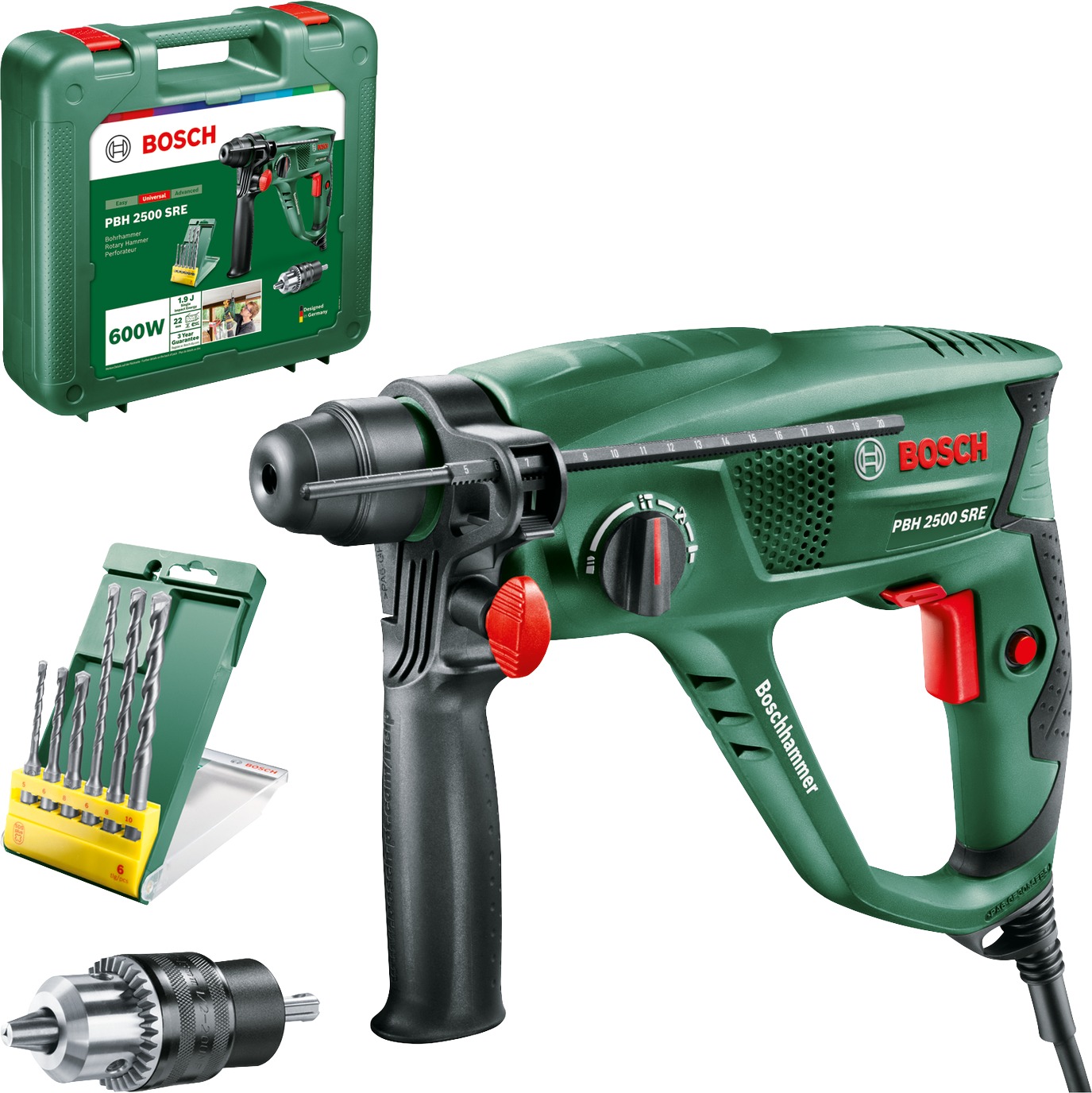 BOSCH – Vŕtacie kladivo elektrické PBH 2500 SRE, sada vrtákov, 6 ks 0.603.344.402