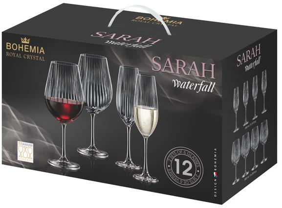Bohemia Royal Crystal SARAH Waterfall Sada pohárov na víno a šampanské 12 ks