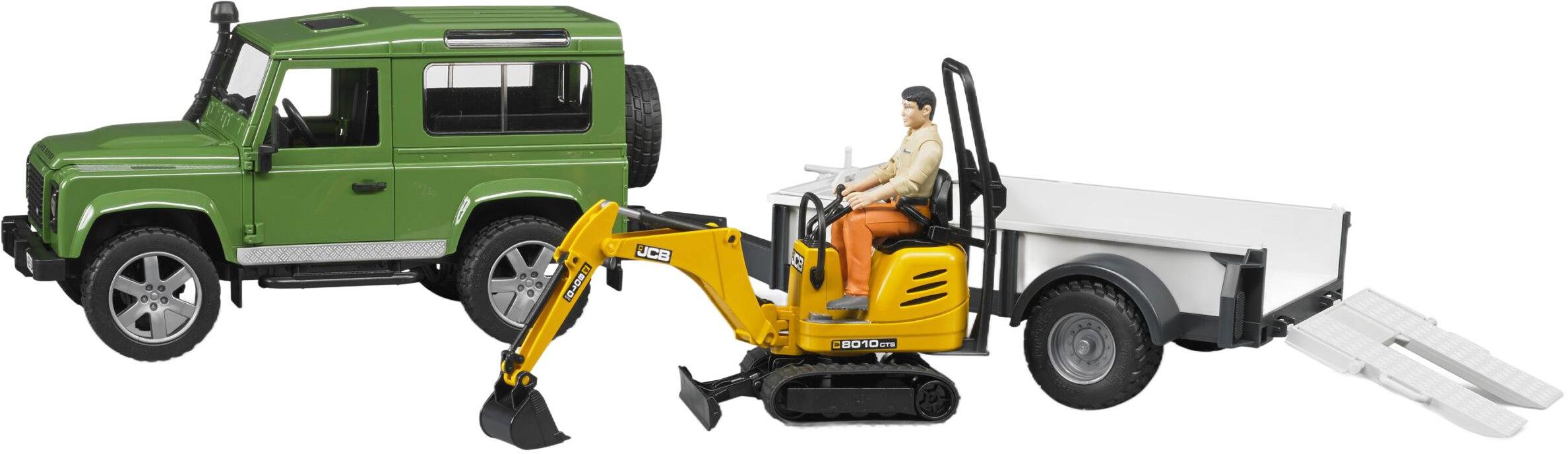 Bruder Land Rover s vodičom, prívesom a minibagrom JCB