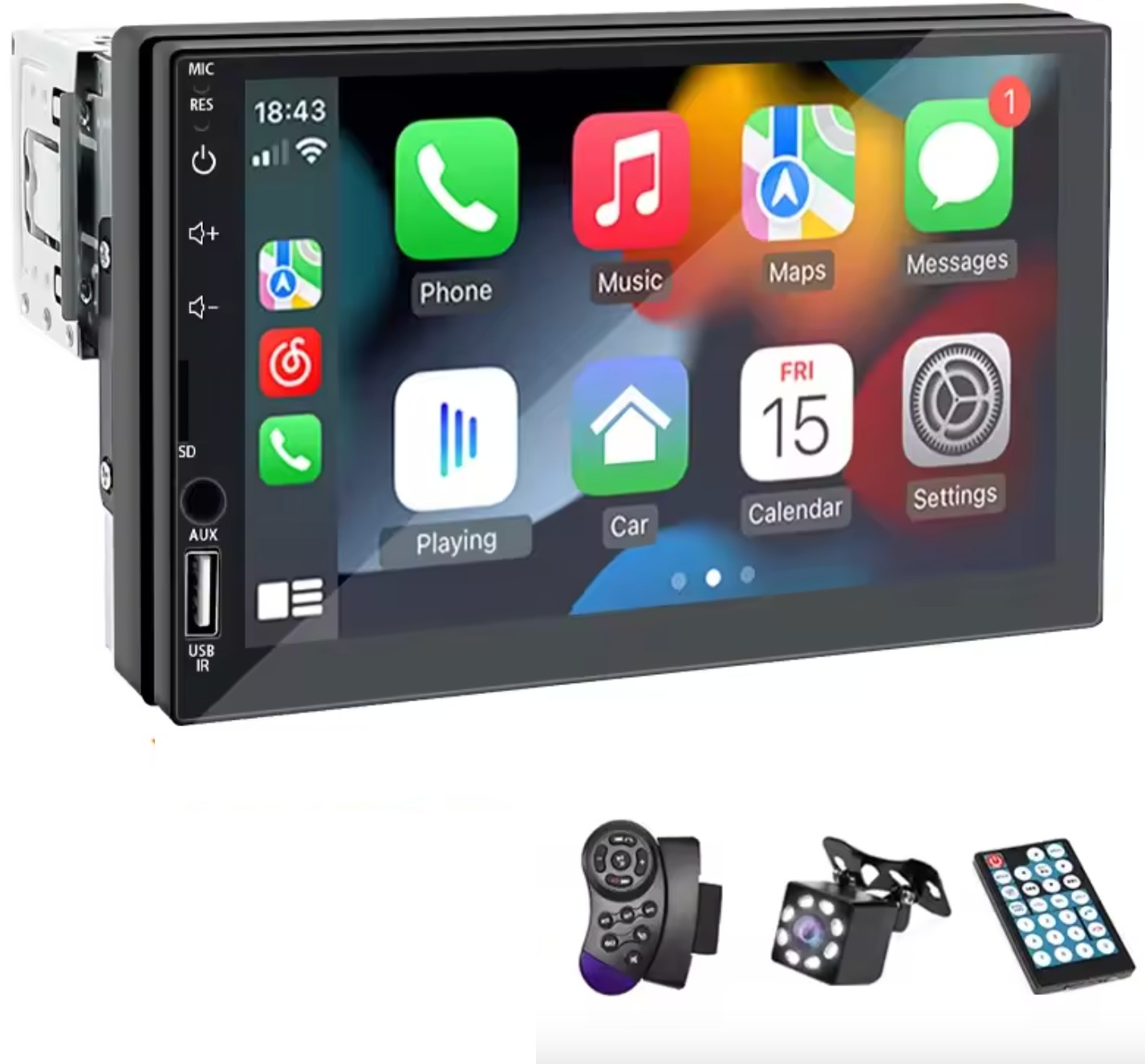 1DIN autorádio s CarPlay, Android Auto, Bluetooth, USB, parkovacou kamerou, AUX