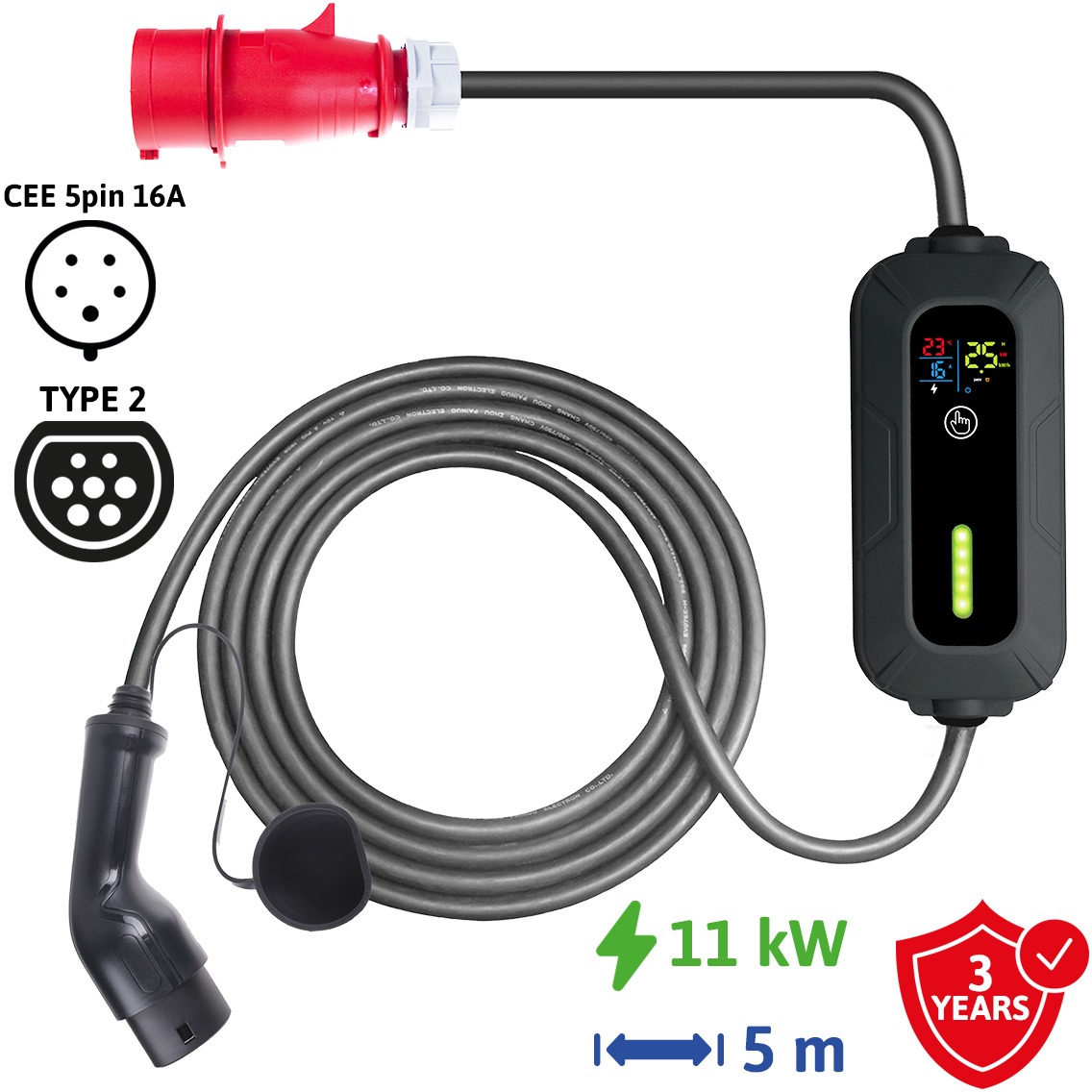 Sectron Lite Prenosná nabíjačka na elektromobil – 16A, 11 kW, 400 V, CEE 5-pin – Type 2, dĺžka 5 m