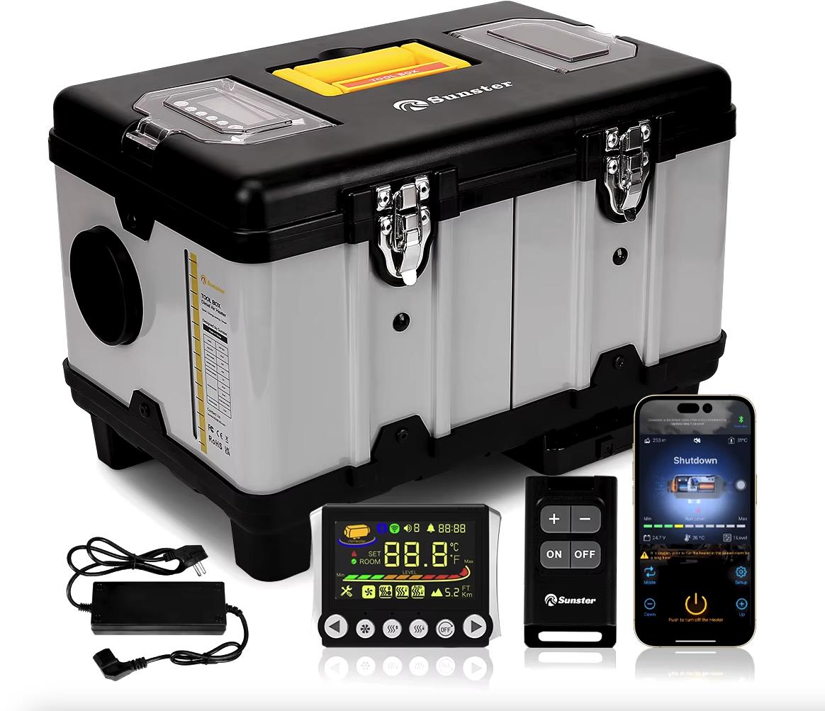 Sunster 8 kW Toolbox Dieslový vzduchový ohrievač 12/24 V, 110 – 240 V, bluetooth