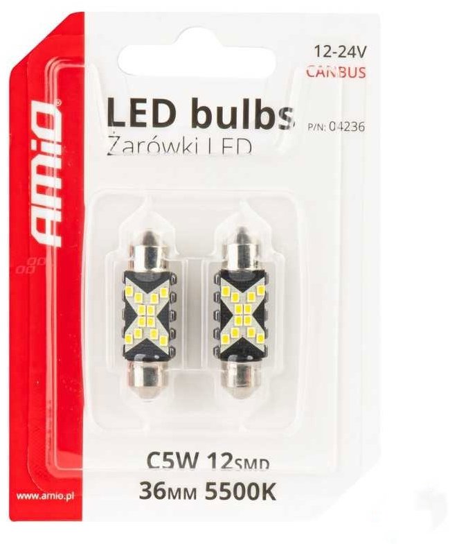 AMIO LED žiarovky Festoon CANBUS 12/24 V SV 36 mm číre, 2 ks