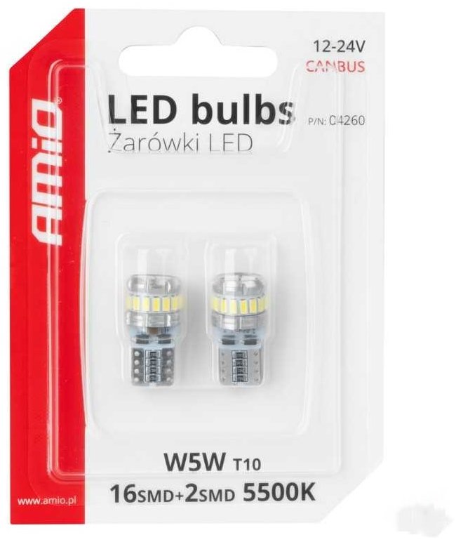 AMIO LED žiarovky CANBUS 12 V/24 V 5 W W2,1 × 9,5 d číre, 2 ks