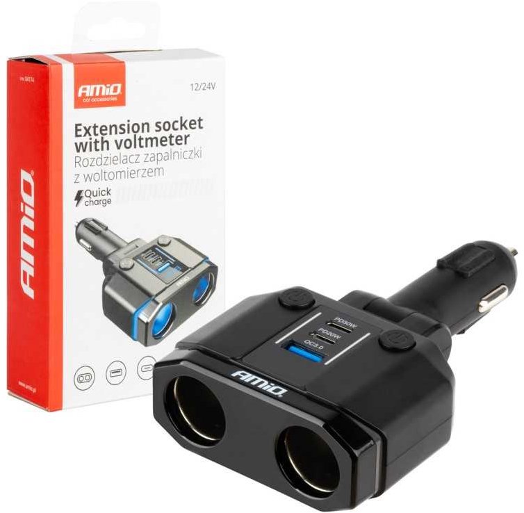 AMIO Predlžovacia zásuvka 20 W QC3.0 12/24 V max. 200 W