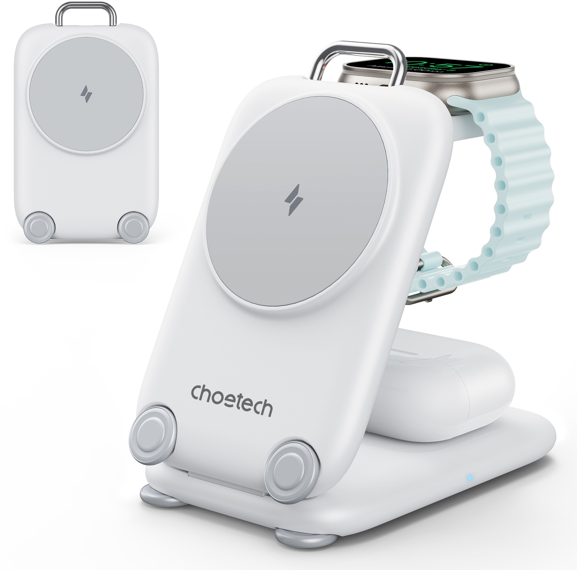 Choetech 3 in 1 Magnetic Unique Travel Wireless Charger Stand for iphone/airpods/Apple watch white